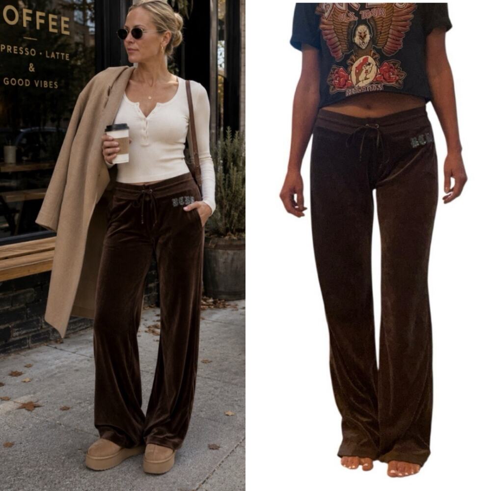 Vintage BCBG Max Azria Brown Velour Wide Leg Lounge Pants Y2K Women’s Medium